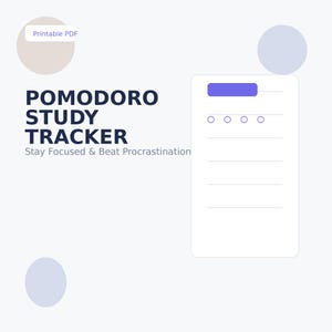 May include: A digital Pomodoro Study Tracker with a white background and a light blue design. The text reads "Pomodoro Study Tracker Stay Focused & Beat Procrastination". The tracker includes a checklist with circles and a blue header.