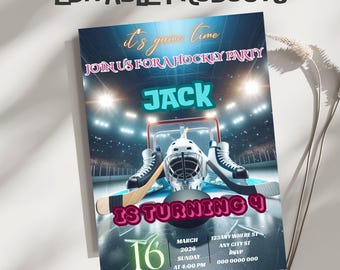 Hockey Birthday Invitation Template, Editable Canva Design (5x7), Digital Download.