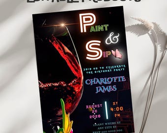 Sip and Paint Birthday Party Invitation Template, Editable Canva DEsign (5x7), Digital Download.