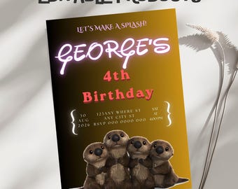 Otter Birthday Party Invitation Template, Editable Canva Design (5x7), Digital Download.