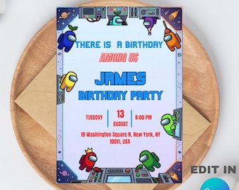 Among Us Birthday Party Invitation Template, Editable Canva Design (5x7), Digital Downlaod.