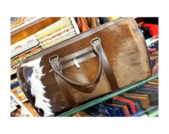 Hair on Hide Leather Duffle Bag | Cowhide Weekender Travel Bag | Handmade Pony Hair Overnight Bag | Brown White Spotted Gym Bag