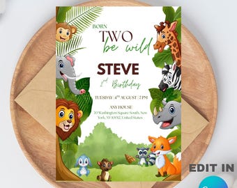 Two Wild Second Birthday Invite, Editabel Canva Design (5x7), Digital Download.