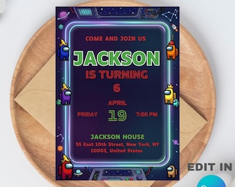 Among Us Birthday Party Invitation Template, Editable Canva Design (5x7), Digital Download.