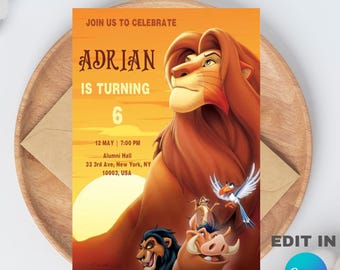 The Lion King Birthday Party Invite, Editable Canva Design (5x7), Digital Download.