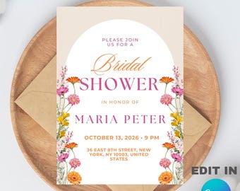 Floral Bridal Shower Invitation Template, Editable Canva Design (5x7), Digital Download.