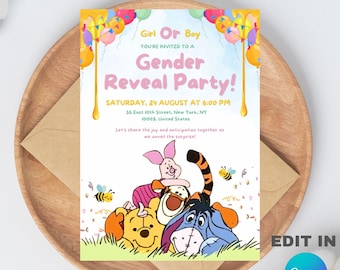 Winnie the Pooh Gender Reveal Party Invitation Template, Editable Canva Design (5x7), Digital Download.