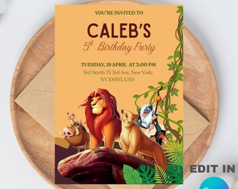 Simba the Lion King Birthday Paryy Invitation Template, Editable Canva Design (5X7), Digital Download.