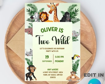 Two Wild Birthday Party Invitation Template, Editable Canva Design (5X7), Digital Download.