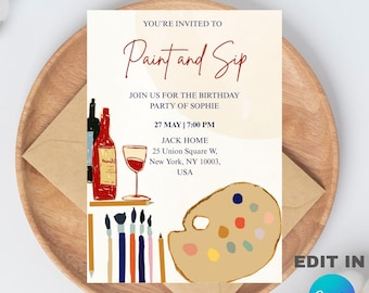 Sip and Paint Birthday Party Invitation Template, Editable Canva Design (5x7), Digital Download.