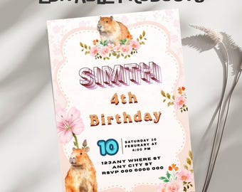 Editable Capybara Birthday Invitation, Editable Canva Design (5x7), Digital Download.
