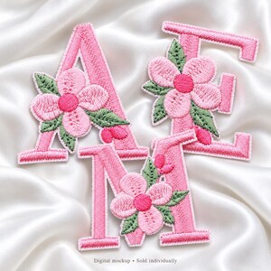 Pink Floral Embroidered Iron On Letters, A-Z Alphabet & Number Patches, Single Initial Appliques for DIY Names, Fabric Bags and Clothing