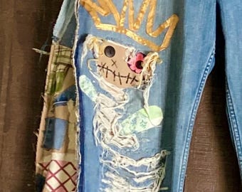 Upcycled Patchwork Denim Jeans w/ Crowned Skeleton Dolls – Folk Art Reworked Jeans – One of a Kind Wearable Art-monster Catdog jeans