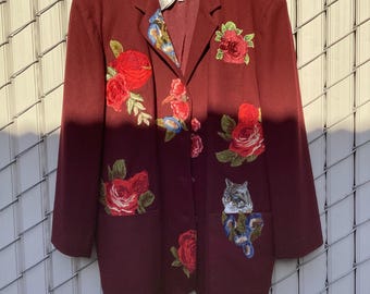 Up cycled Vintage, blazer, cat and roses, burgundy, floral jacket, whimsical cottage, core blazer, reworked, wearable, art jacket