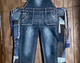 Upcycled Patchwork Denim Overalls | Boho Reworked Dungarees | One of a Kind Festival Overalls | Raw Edge Denim Wearable Art