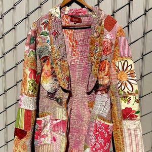 Hand stitched patchwork jacket. Quilted textile art coat, quilted textile art coat, up cycled kantha style jacket, OOAK wearable art