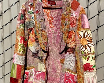 Hand stitched patchwork jacket. Quilted textile art coat, quilted textile art coat, up cycled kantha style jacket, OOAK wearable art