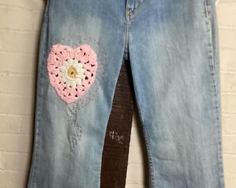 Reworked Shyanne jeans with hand crochet pink heart with extra decorative stitching