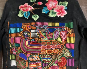 One of a Kind Wearable Art Denim Jacket | Mola Textile Folk Art Jacket | Upcycled Black Denim