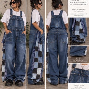 May include: Dark blue denim overalls featuring a relaxed, oversized fit with a patchwork side panel made of blue and black patterned fabric. The garment has a front bib pocket, metal hardware, and a hem width of 10.5 inches, totaling 21 inches.