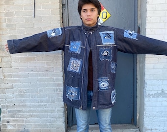 Upcycled denim jacket w/ eye patchwork, One Of A Kind wearable art, reworked denim coat, avant garde statement jacket