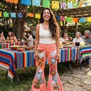 Upcycled Coral Bell Bottom Jeans Size 10, Boho Patchwork Flare Pants, Crochet Lace Butterfly Jeans, Hippie Festival Denim, Wearable Art