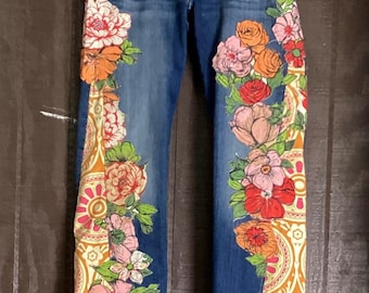 Upcycled Floral Patchwork Jeans Retro 70s fabric, Boho Denim Pants – Reworked Vintage Style  One of a Kind Wearable Art