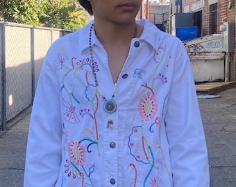 Upcycled White Embroidered Jacket | Hand Embroidered Floral Denim Jacket | Mexican Inspired Boho Artisan Piece