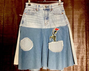 Upcycled Denim Prairie Skirt | Patchwork Floral Pocket Skirt | Cottagecore Reworked Jean Skirt | Wearable Art Midi Skirt