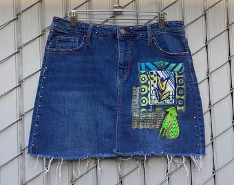 Up cycle denim skirt, Kat, patchwork, reworked, jeans skirt, whimsical art skirt, studded denim mini one of a kind.