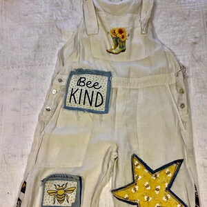 Bee Kind! One of a kind, crazy patchwork overalls