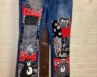 UpCycled animal patchwork jeans, owl bear fox denim, whimsical reworked jeans, folk art denim, one of a kind.