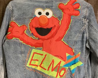 OOAK Elmo Denim Jacket | Upcycled Sesame Street Jacket | Y2K Pop Art Wearable Art | XL Denim Jacket