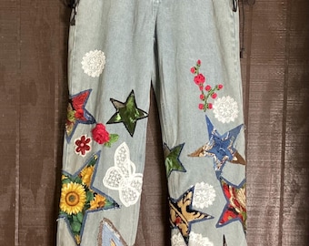 Upcycled Star Patchwork Denim Jeans – Lace, Floral Appliqué, Boho Folk Art, Lace-Up Waist, One of a Kind