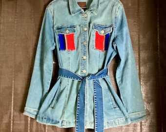 Upcycled Denim Belted Jacket – Mexican Serape Textile, Floral Appliqué Back, One of a Kind Wearable Art