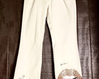 Y2K Leopard Lip Jeans | Upcycled White Denim | Kiss Me Wearable Art Pants | Coquette Streetwear