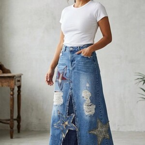 Up cycle denim skirt with star, patchwork, rework, jeans, skirt, distressed, patchwork, denim, one of a kind, wearable art .