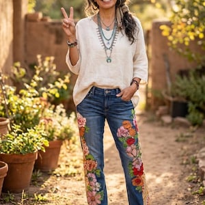 Puede incluir: Una blusa de lino beige de manga larga combinada con unos vaqueros de mezclilla azul con bordados florales vibrantes y multicolores a lo largo de las piernas. Los vaqueros tienen un diseño clásico de cinco bolsillos y se llevan con botas de cuero marrón.