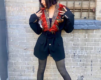 Upcycled mens blazer with custom Lamb of God patch and La llorona patch.