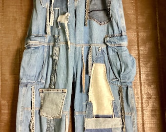 Upcycled Patchwork Denim Cargo / Wide Leg Pants – Deconstructed Rework, Raw Edge, One of a Kind Wearable Art