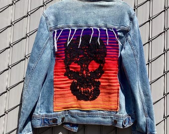 Upcycled Denim Jacket Día de los Muertos Skull  Serape Blanket Back Panel Gothic Lace Skull Art | Hand Reworked Jean jacket