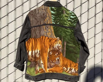 Upcycled Levi's jacket 1970s tapestry tiger, reworked black jean jacket, vintage textile, wearable art, one of a kind statement and piece