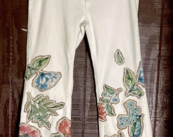 Romantic Cottagecore Floral Appliqué Jeans | Upcycled White Denim Button Fly Pants | Wearable Art Boho Jeans