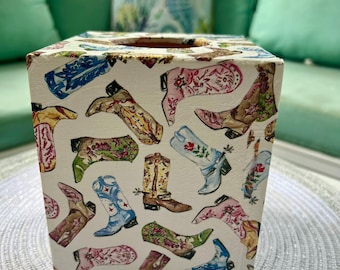 Cowgirl boots boutique tissue box holder painted and hand decoupaged.