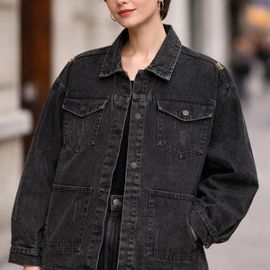 Black Denim Jacket with Floral Embroidery Lace Design