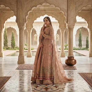 rose gold nikkah dress Buy Bridal Dress | Pakistani Nikkah Dress | Indian Tissue Zari Dress | Rose Gold 3 Piece Suit for Mehndi, Nikkah, Barat, Walima Online in India