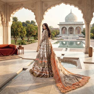 chinese dress ladies Peach Front & Back Stone Embroidered Wedding Anarkali Suit