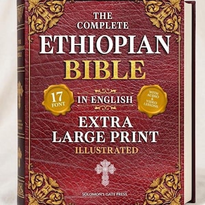 May include: A large, illustrated edition of the Ethiopian Bible. The book has a burgundy cover with gold decorative accents and text that reads "The Complete Ethiopian Bible" and "Extra Large Print". Includes audio and video lessons.