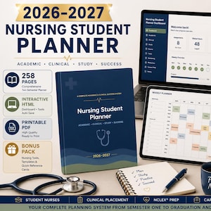 May include: A 2026-2027 nursing student planner set including a physical book, laptop, tablet, and smartphone displaying digital dashboards. Features include a stethoscope, a spiral notebook with handwritten notes, and a mug labeled Future Nurse.