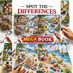 Spot The Differences Mega Book, 50+ Printable Brain Training Puzzles